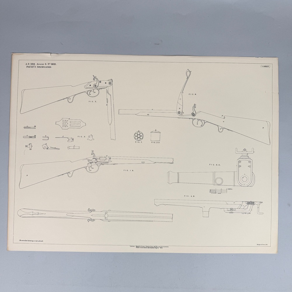 Pauly's Specification 1814 Firearm Patent Lithographic Print 22x15 on Laid Paper